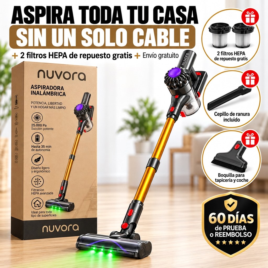 Aspirador sin cable NUVORA con 2 filtros HEPA, cepillo de ranura y boquilla de regalo
