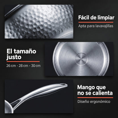 Fácil de limpiar, tamaños de 26, 28 y 30 cm y mango que no se calienta