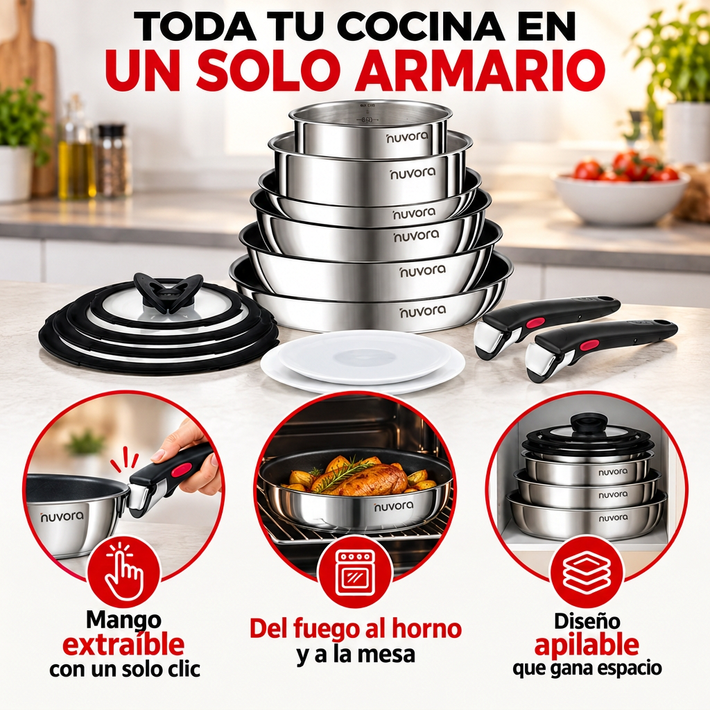 Set de sartenes NUVORA de 15 piezas con mango extraíble